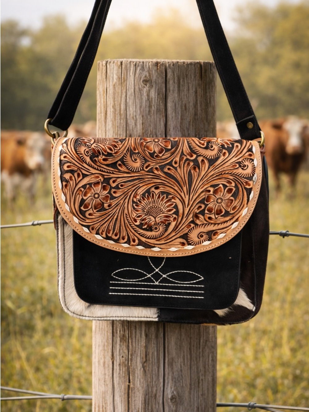Leather Tooled Floral Crossbody Bag in Tan and Black